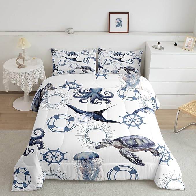 Castle Fairy Sea Turtle Comforter Set King,Octopus Jellyfish Ocean Life Bedding Set for Boys Girls Teens Bedroom Decor,Nautical Style Sea Animals Quilt Set Super Soft Duvet Set,Gift for Her Him