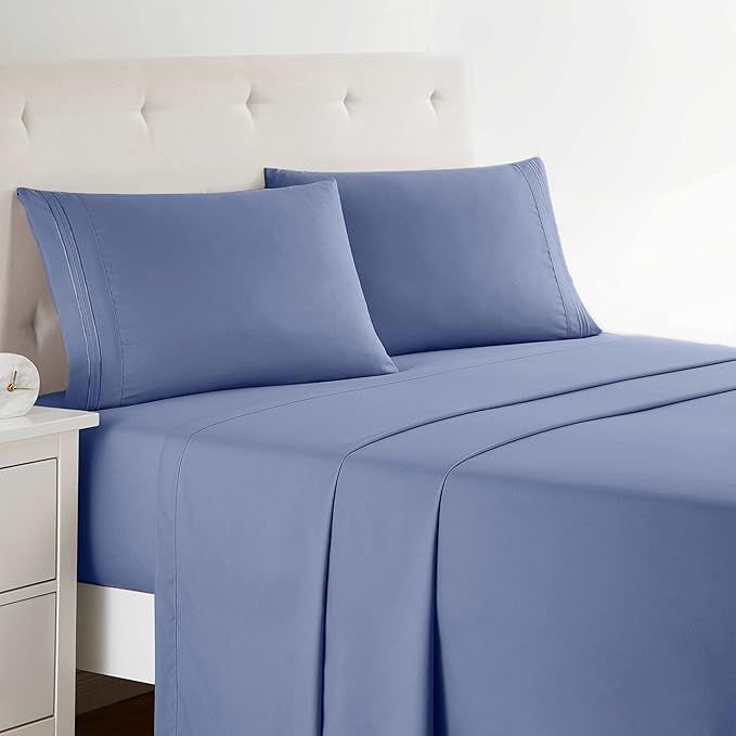 Clara Clark Bed Sheets, Premier 1800 Series 4 Piece Bed Sheet Set, Deep Pocket, Wrinkle, Fade, Stain Resistant, Luxury Soft Bedding Sheets & Pillowcases, Full, Steel Blue