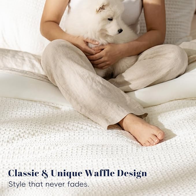 PHF 3 Pieces Cream Waffle Weave Comforter Set King Size - Ultra Soft Textured Waffle Comforter with 2 Pillow Shams, Lightweight Breathable Comfy Bedding Set for All Season, Cream