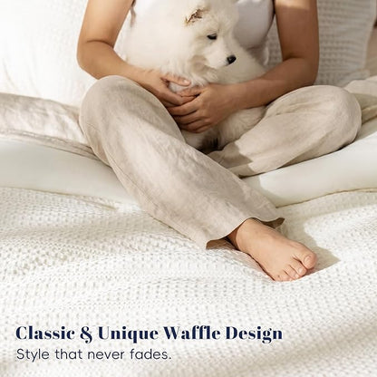 PHF Soft Waffle Comforter Set Queen Size- Comfy Breathable Waffle Weave Comforter with 2 Pillow Shams, 3 Pieces Less Snagging Lightweight Textured Bedding Set for All Season, Cream