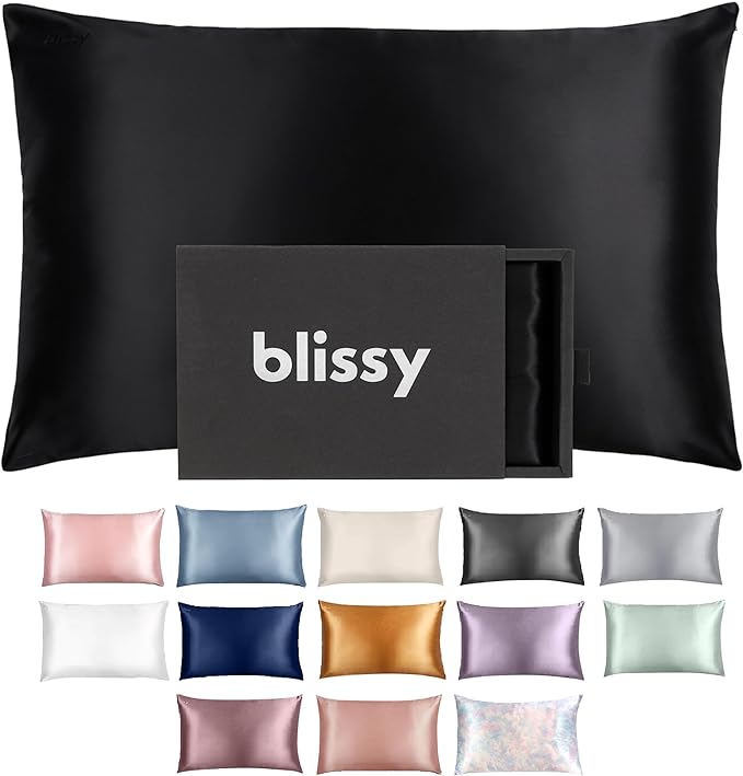 Blissy Silk Pillowcase - 100% Pure Mulberry Silk - 22 Momme 6A High-Grade Fibers - Silk Pillow Cover for Hair & Skin - Regular, Queen & King (Black, King)