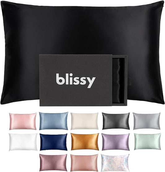 Blissy Silk Pillowcase - 100% Pure Mulberry Silk - 22 Momme 6A High-Grade Fibers - Silk Pillow Cover for Hair & Skin - Regular, Queen & King (Black, King)