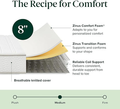 Zinus 8 Inch Foam and Spring Hybrid Mattress [New Version], Full, Fiberglass Free, Medium Firmness, Durable Support, Certified Safe Foams & Fabric, Mattress in A Box