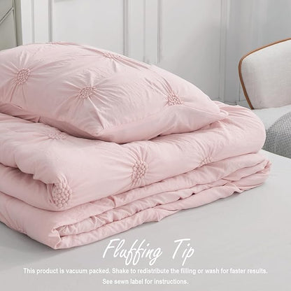 Swift Home Twin/Twin XL Baby Pink Rose Blush Comforter Set - Ruched 3D Floral Pintuck Bedding Set - 2 Pieces Bed Linen, 1 Comforter and 1 Pillow Sham