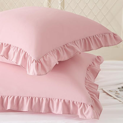 KKJIAF Ruffle Pillow Cases 24x24 Inches, Light Pink Square Ruffled Pillow Covers Set of 2, Microfiber Wrinkle Resistant Pillow Shams with Envelope Closure for Sofa Bed Living Room