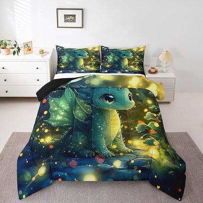 Feelyou Dragon Comforter Set Toddler Size Dragon Stuff Comforter for Boys Girls Teens Kawaii Bedding Set Dragon Decor Duvet Set Room Decor Bright Green Quilt Set