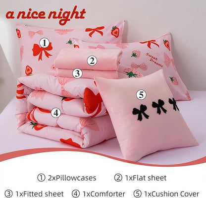 A Nice Night Red Bow Comforter Set,6 Piece Bed in a Bag Matching Sheet Set,Cute Ribbon Bowknot Bedding Sets,Princess Style Strawberry Printed,Light Pink Room Decor for Girls,Queen