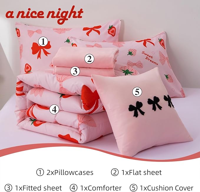 A Nice Night Red Bow Comforter Set,6 Piece Bed in a Bag Matching Sheet Set,Cute Ribbon Bowknot Bedding Sets,Princess Style Strawberry Printed,Light Pink Room Decor for Girls,Full