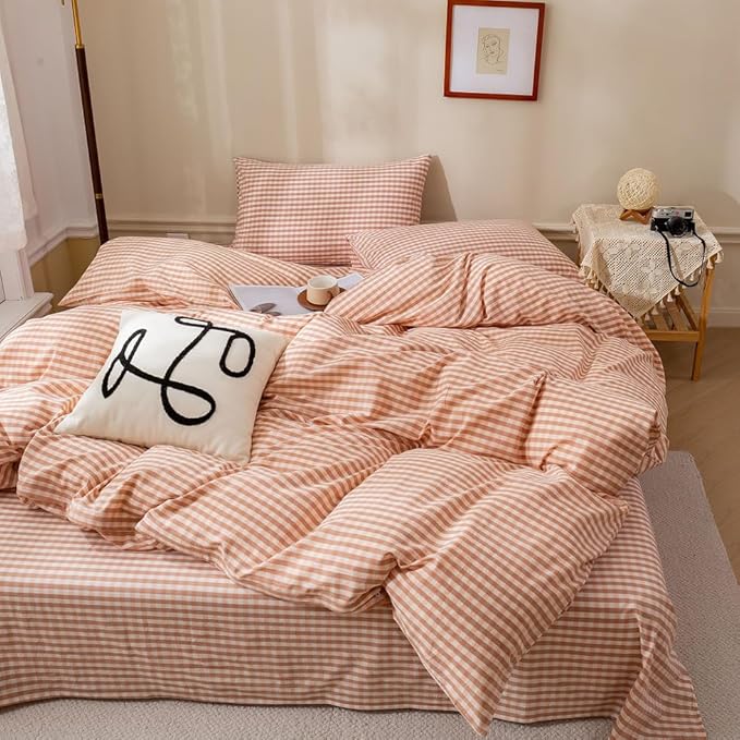 EAVD Pink Tan Gingham Comforter Set Queen Soft Washed Cotton Farmhouse Mini Pink Tan Checkered Plaid Bedding Set with 2 Pillowcases Modern Farmhouse Reversible Plaid Comforter Set for All-Season
