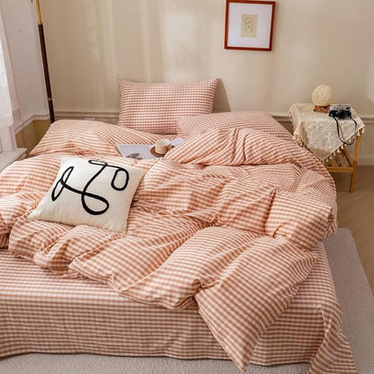 EAVD Pink Tan Gingham Comforter Set Queen Soft Washed Cotton Farmhouse Mini Pink Tan Checkered Plaid Bedding Set with 2 Pillowcases Modern Farmhouse Reversible Plaid Comforter Set for All-Season