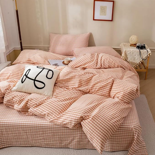 EAVD Pink Tan Gingham Comforter Set Full Soft Washed Cotton Farmhouse Mini Pink Tan Checkered Plaid Bedding Set with 2 Pillowcases Modern Farmhouse Reversible Plaid Comforter Set for All-Season