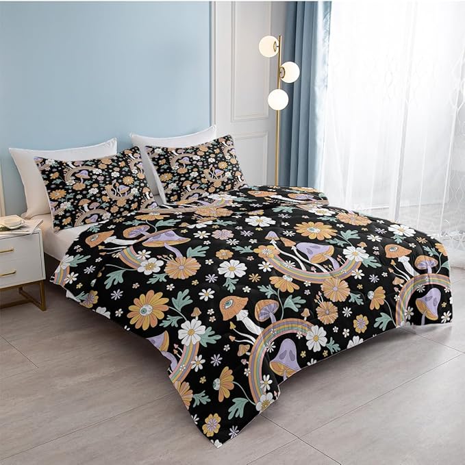 SOULZZZ Retro Hippie Mushroom Bedding Set Queen Size, Floral Daisy Mushroom Quilt for Girls Women Flower Green Leaf Rainbow Mushroom Black Comforter with 2 Pillowcases