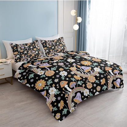 SOULZZZ Retro Hippie Mushroom Bedding Set Queen Size, Floral Daisy Mushroom Quilt for Girls Women Flower Green Leaf Rainbow Mushroom Black Comforter with 2 Pillowcases