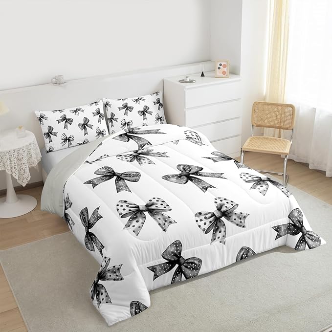 Erosebridal Bow Kids Comforter Set | Ribbon Black Bow Bedding Queen Size Coquette Bowknot with Dots Down Comforter Dreamy Princess Bowtie Duvet Set for Bedroom