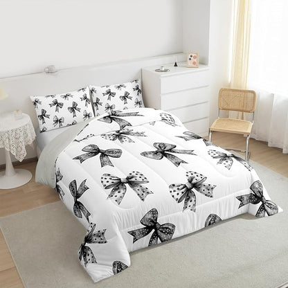 Erosebridal Bow Kids Comforter Set | Ribbon Black Bow Bedding Queen Size Coquette Bowknot with Dots Down Comforter Dreamy Princess Bowtie Duvet Set for Bedroom