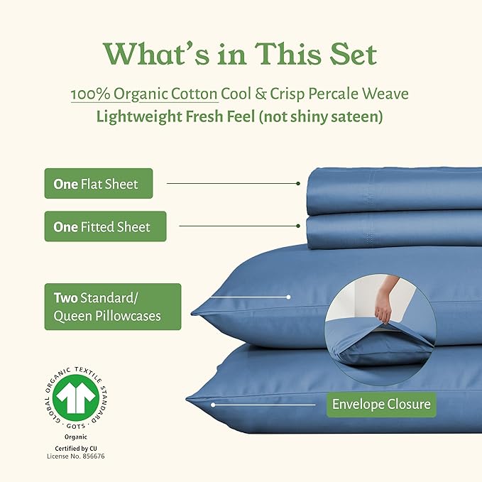 California Design Den Soft 100% Organic Cotton Sheets Full Size Bed Set - Crisp and Cool Percale Organic Sheets, Deep Pockets with Anti-Skid Elastic, Breathable and Durable Bedding Set - Riviera Blue