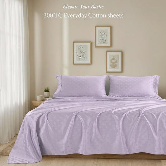 Threadmill Cotton Queen Sheet Set - 100% Cotton Damask Jacquard Sheets With 16" Deep Pocket - Soft Sateen Weave 4-Piece Cooling Bedding for Queen Size Bed - Lilac