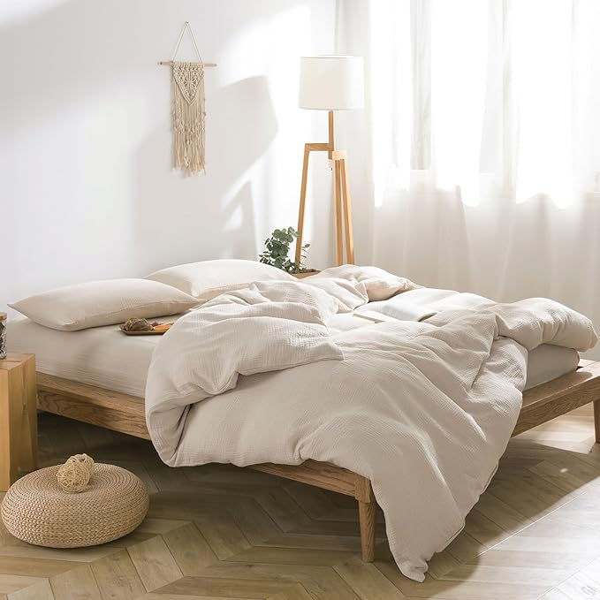 VM VOUGEMARKET Beige Duvet Cover Queen Size - 3 Pieces Muslin Cotton 3-Layer Guaze Textured Bedding Set,Includes 1 Duvet Cover 90x90 Inches with Zipper Closure & 2 Pillowcases