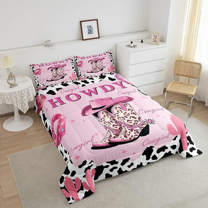 Castle Fairy Pink Cowgirl Bedding Set Twin Size Milk Cow Print Comforter Set for Girls Room Decor Modern Leopard Cowboy Boots Down Comforter Desert Cactus Quilt Set with 1 Pillowcase