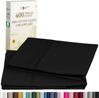 California Design Den Standard Queen Size Pillowcase Set - 400 Thread Count, 100% Cotton Sateen, Set of 2 Pillow Covers, Soft and Breathable - Black