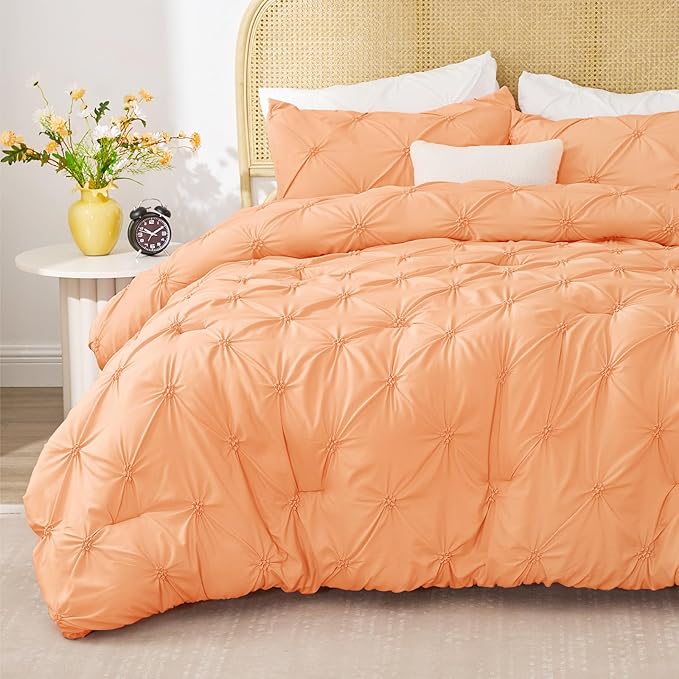 BEDELITE Apricot Queen Comforter Set - 3 Pieces Boho Pintuck Bedding Comforter Sets, Lightweight Soft & Warm Bed Comforter Queen with 2 Pillowcases for All Season