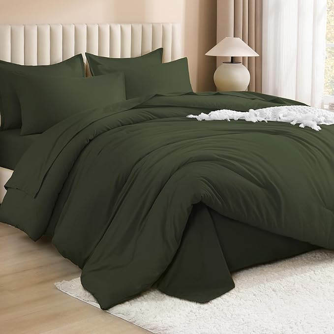 Litanika Comforter Full Size Set Olive Green - 7 Pieces Bed in a Bag Full Bedding Comforter Sets, Plain Lightweight Bed Set with Comforter, Sheets, Pillowcases & Shams