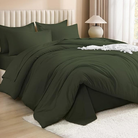 Litanika Comforter Full Size Set Olive Green - 7 Pieces Bed in a Bag Full Bedding Comforter Sets, Plain Lightweight Bed Set with Comforter, Sheets, Pillowcases & Shams
