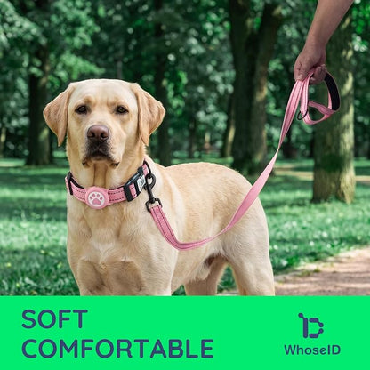 Airtag Dog Collar and Leash Set,Reflective Ultra-Durable Nylon Padded With QR Buckle & IP68 Waterproof Air Tag Holder Compatible for Apple AirTag, Comfortable for Small Medium Large Dogs (Pink Set,XS)