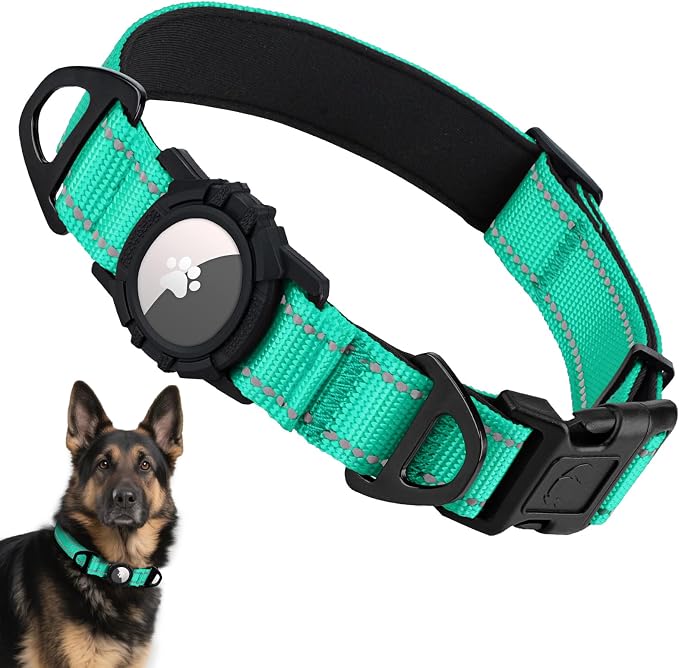 Taglory AirTag Dog Collar with Waterproof Holder for Large Dogs, Turquoise | Reflective for Night Walks & Low-Light Safety, Track Your Pup Peace of Mind, Adjustable Soft Padded, No More Dangling Tags XL