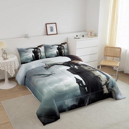 Flying Dragon Comforter Set Full Size,Grey Sky Vintage Old Castle Printed Bedding Set for Kids Boys Girls Room Decor,3D Wild Animal Theme Duvet Insert 3Pcs,Retro Microfiber Quilt Set,2 Pillowcases