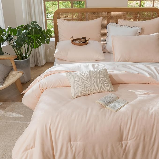 King Size Comforter Pink - Waffle Checkered Bedding, Textured Thermal Breathable Design for All Seasons, Ultra-Soft Combo for Year-Round Comfort