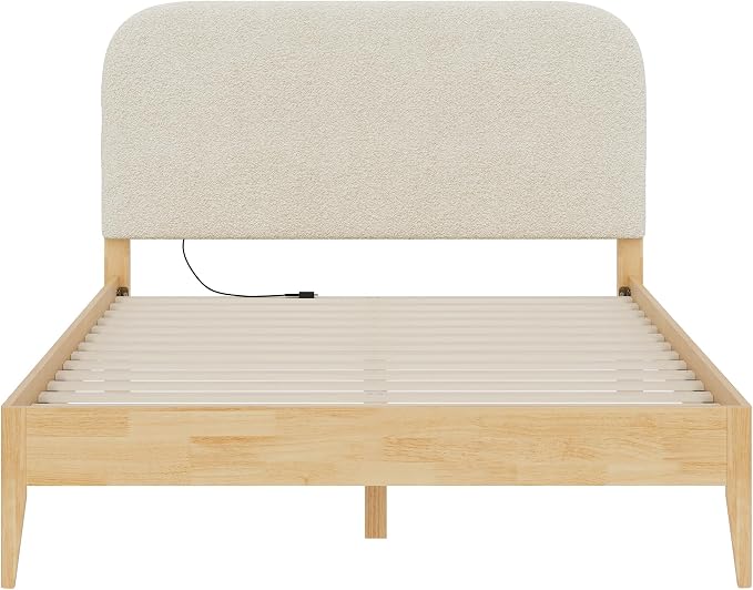 KISLOT Wood Bed Frame with USB & Type-C, Boucle Headboard, Oat, Queen | Platform Bed, Mattress Foundation, No Box Spring Needed, Easy Assembly