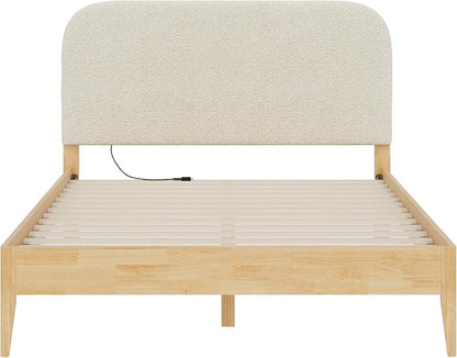 KISLOT Wood Bed Frame with USB & Type-C, Boucle Headboard, Oat, Queen | Platform Bed, Mattress Foundation, No Box Spring Needed, Easy Assembly