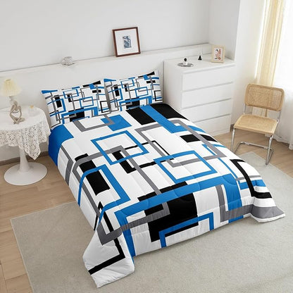 Erosebridal Blue Black White Grey Comforter Sets for Adult,Geometric Bedding Set Queen,Colorful Square Quilt Set,3D Abstract Grid Duvet Insert with 2 Pillowcases Home Room Decor