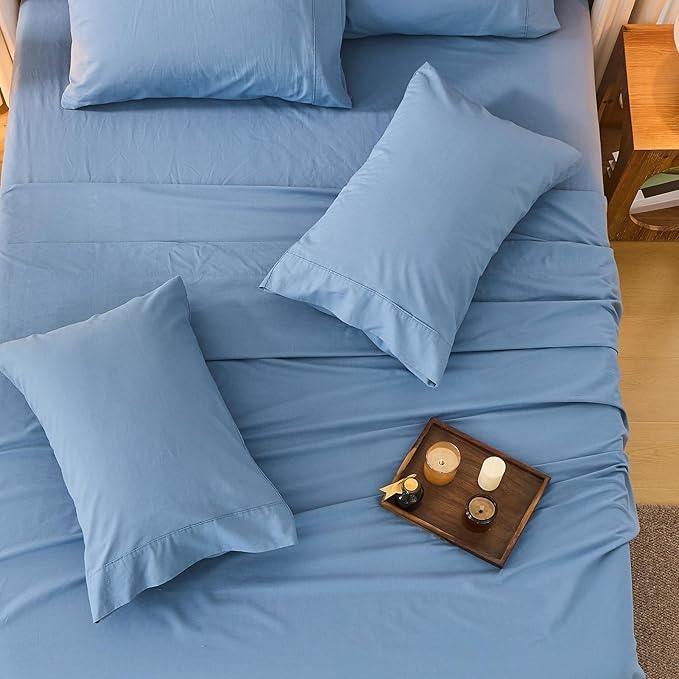 Bedlifes 100% French Linen Sheets Queen Size 18-24" Extra Deep Pocket 4-Piece Set Breathable & Moisture-Wicking,Soft & Durable Sheets for Thick Mattresses(Flint Blue)