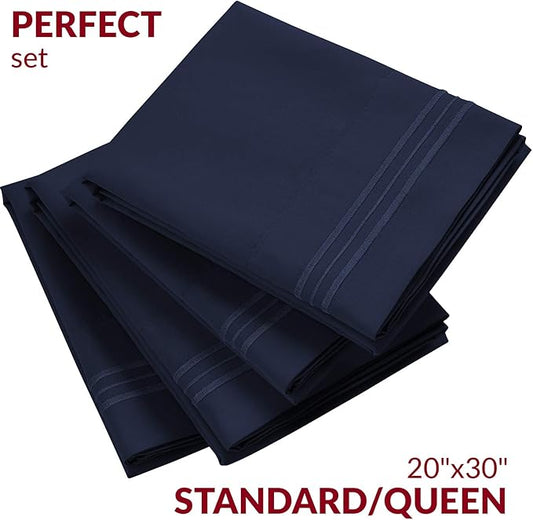 Mellanni Pillow Cases Set - 4 PC Iconic Collection Pillowcases - Luxury, Extra Soft, Cooling Pillow Covers - Wrinkle, Fade, Stain Resistant (Standard/Queen 20" x 30", Navy Blue)