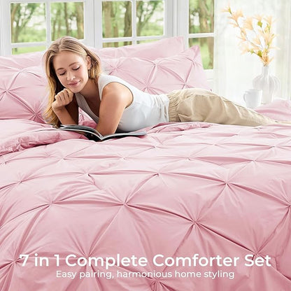 Sasttie King Size Comforter Set, 7-Piece Bed in a Bag, Pintuck Bedding Sets for All Season, Includes Comforter, Flat Sheet, Fitted Sheet, Pillowcases and Pillowshams, Baby Pink