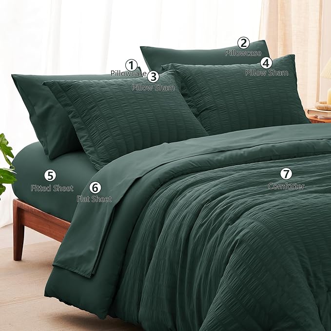 CozyLux King Size Comforter Set Forest Green Seersucker 7 Pieces Bed in a Bag King Comforter Set with Sheets, Luxury Soft Bedding Sets with Down Alternative Comforter, Sheets, Pillowcases & Shams