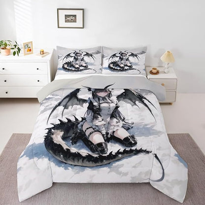 Erosebridal Anime Girl Bedding Set Full Size, Japanese Anime Comforter Set for Kids Girls Teens Women Bedroom, Cartoon Girl Quilt Japanese Animation Sci Fi Style Duvet Insert,2 Pillow Cases