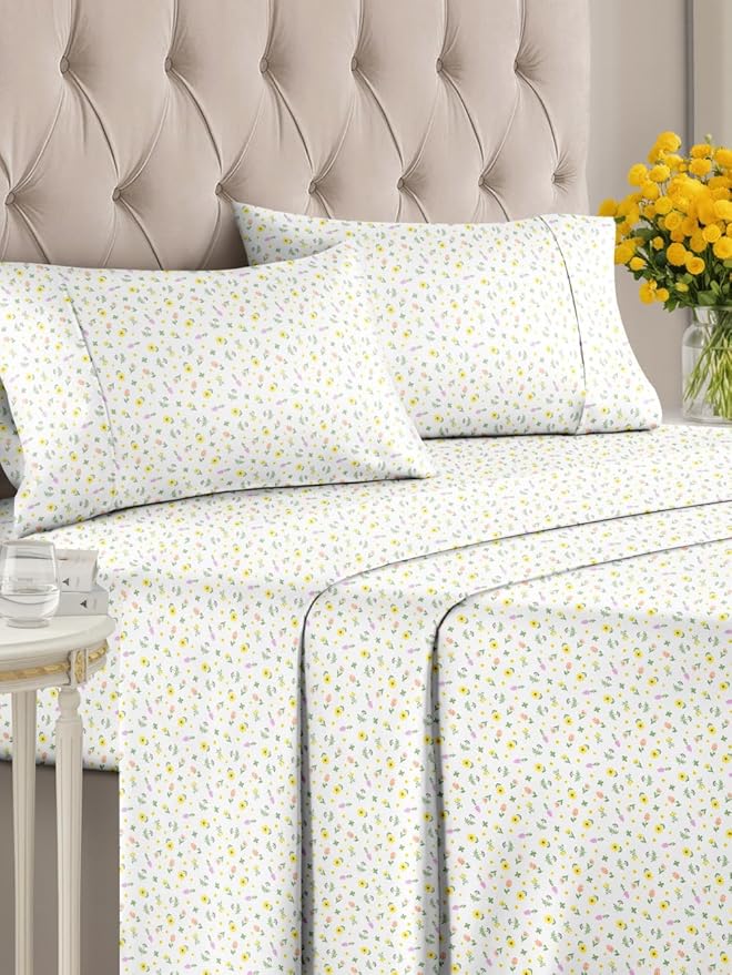 Floral Sheets - Flower Print Bed Sheet Set - 1 Flat, 1 Fitted & 2 Pillowcases w/ Deep Pockets - Comfy, Wrinkle & Fade Free - Boho Botanical Bedding - Soft, Breathable and Cooling - Cal King Size Set