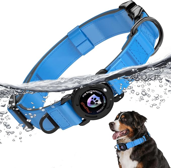 Airtag Dog Collar, Dog Collar with airtag Holder, IP68 Waterproof Leather Dog Collar with Metal Buckle & Lockable Airtag Holder, Heavy Duty Adjustable for Small Medium Large Dogs (Blue M)
