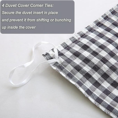Black/White Checkered Ruffle 3-Piece Duvet Cover Set Twin Size,Washed Cotton Shabby Gingham Plaid Bedding Set Farmhouse Comforter Set(Twin,Black/White)
