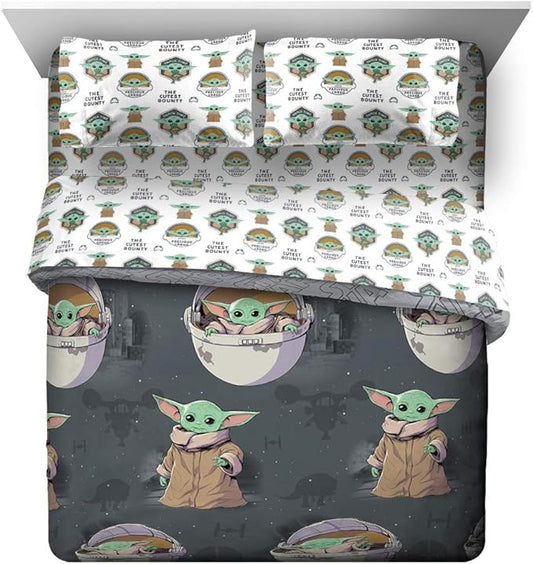 Jay Franco Star Wars The Mandalorian The Child 5 Piece Queen Bed Set - Includes Reversible Comforter & Sheet Set - Bedding Features Baby Yoda - Super Soft Fade Resistant Microfiber Official Product