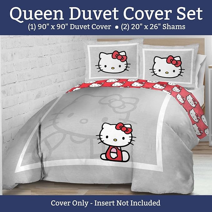 Jay Franco Duvet Cover Set – 3 Piece Super Soft Bedding with Sham Pillowcase, Cover ONLY Comforter Not Included, Grey - Hello Kitty, Queen