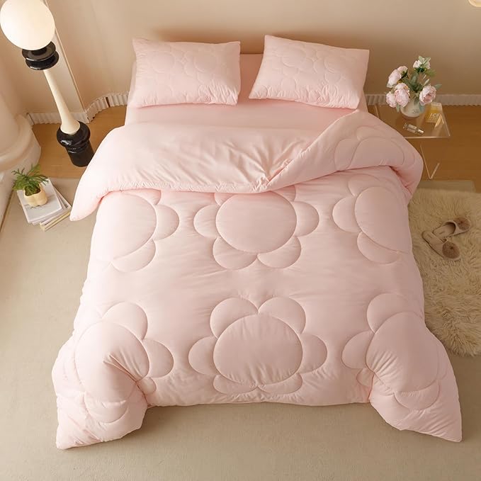 Luxlovery Pink Floral Comforter Set King Boho Light Pink Sunflower Quilts Blush Pink Bedding Comforter Set Rustic Plain Color Soft Breathable Cozy Comforter Women Girls