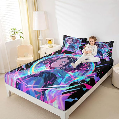 3D Anime Girl Bed Sheets American Street Culture Fitted Sheet Full for Teens Youth Girls Watercolor Graffiti Style Bedding Set Galaxy Stars Print Sheets with 2 Pillow Cases, No Flat Sheet