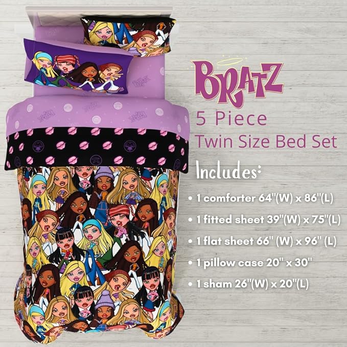 Bratz Fashion Bedding 5 Piece Super Soft Reversible Comforter and Sheet Set with Sham, Twin, (100% Official Licensed Product) by Franco