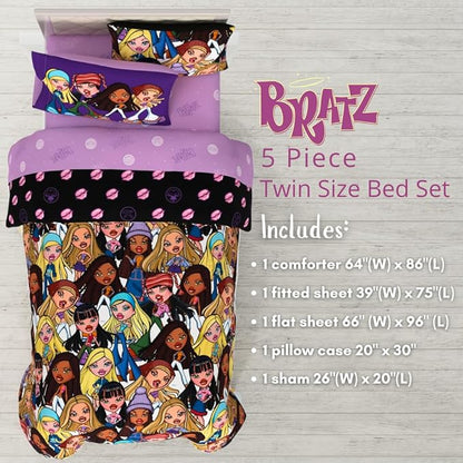 Bratz Fashion Bedding 5 Piece Super Soft Reversible Comforter and Sheet Set with Sham, Twin, (100% Official Licensed Product) by Franco