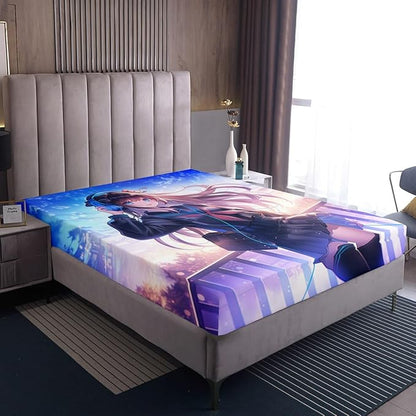 Erosebridal Anime Girl Fitted Sheet Twin Size, Japanese Anime Bedding Set for Kids Boys Teens Bedroom Decor, Cartoon Girl Bed Sheets Kawaii Japanese Animation Bed Set with 1 Pillow Case