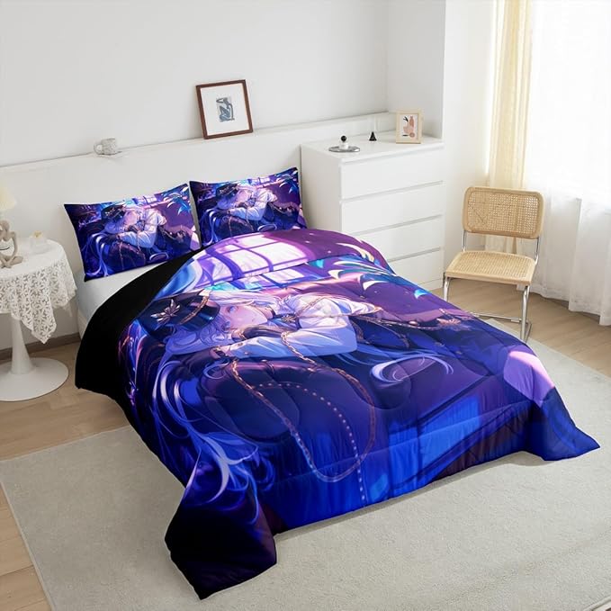 Erosebridal Japanese Anime Comforter Set,Cartoon Uniform Girls Bedding for Boys Teen Bedroom Decoration Cute Japanese Cartoon Full Size Duvet Set, Anime Aesthetic Art Quilt with 2 Pillowcases